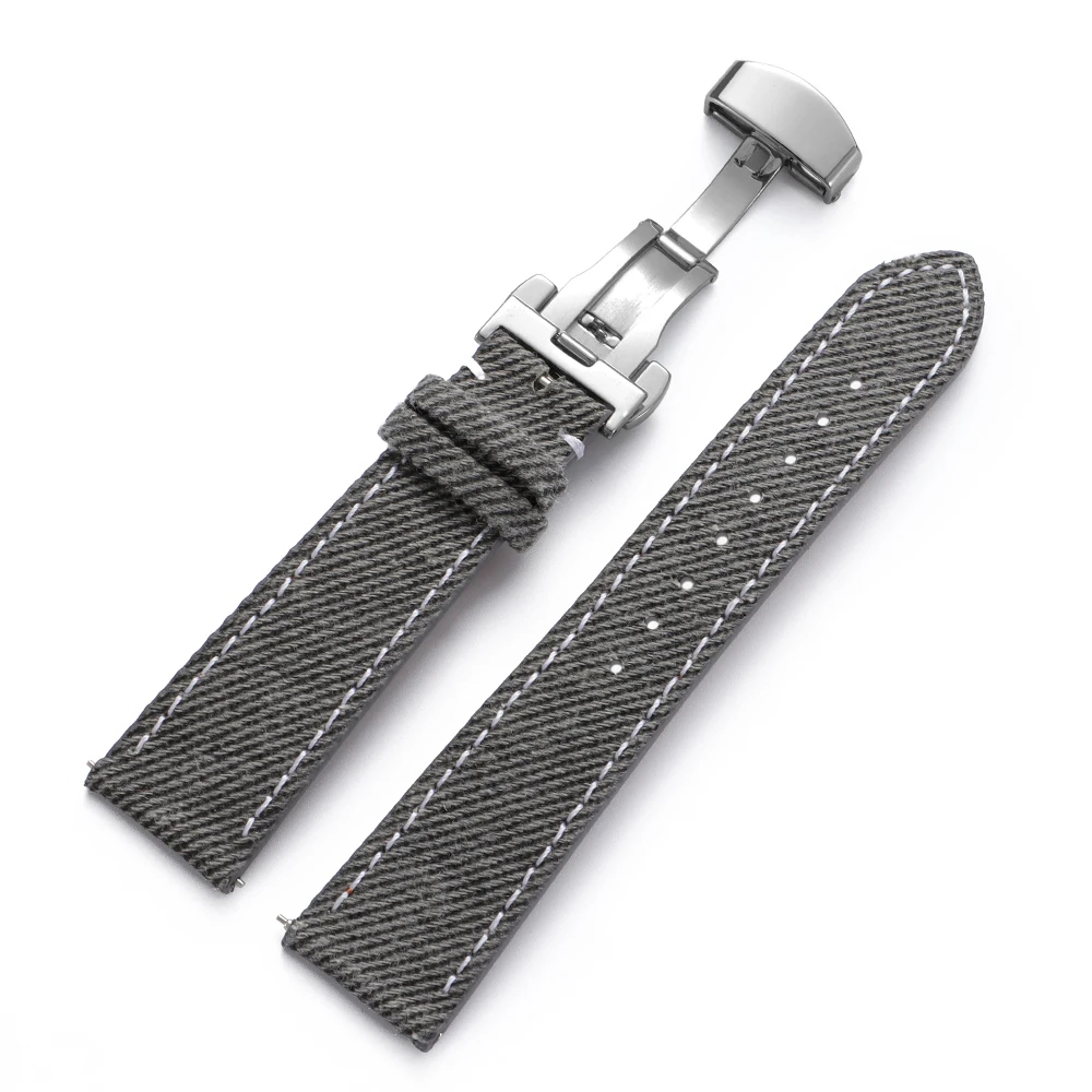 Denim-Segeltuch-Uhrenarmband Leder-Uhrenband 18mm 20mm 22mm für Seiko für Rolex mit Schmetterlingsverschluss für Herren Damen Sportgürtel