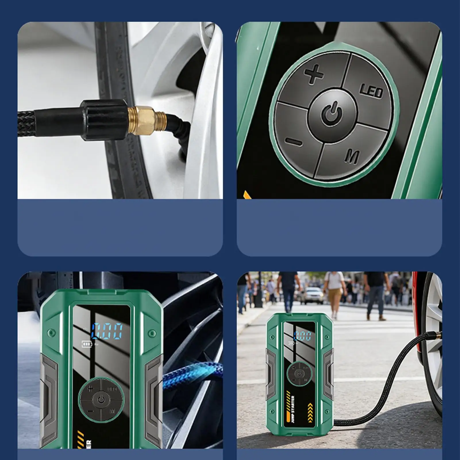 

Портативное пусковое устройство для автомобиля с 3 режимами, цифровым дисплеем, функцией подкачки шин, для автомобилей, мотоциклов и велосипедов