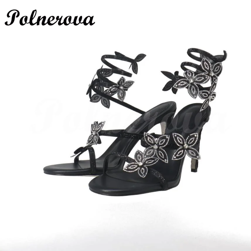 

Rhinestone Flowers Ankle Wrapping Round Toe Stiletto Sandals for Women Large Size Women's Shoes Summer New Sandals High Heels