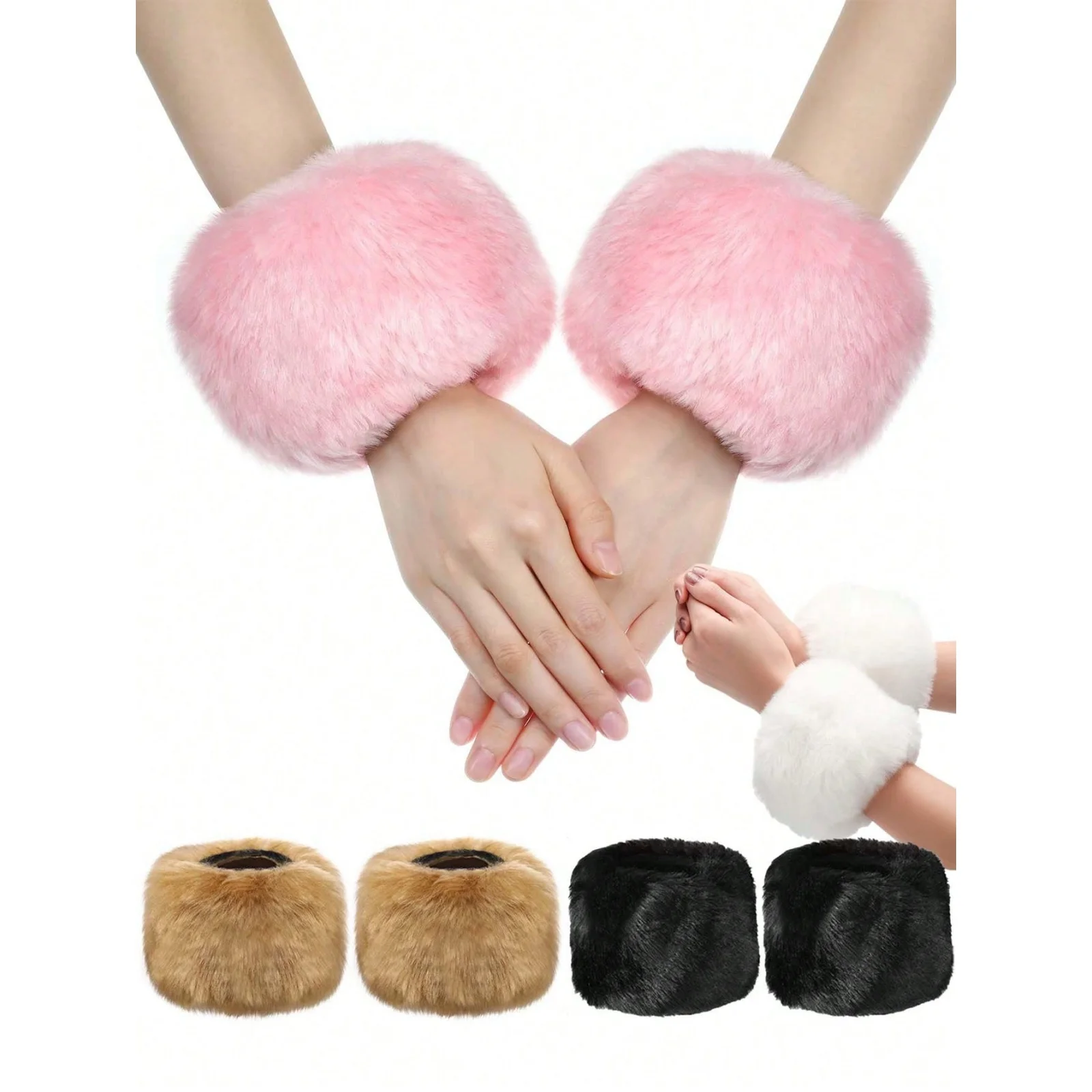 A pairWomen's Faux Fur Wrist Cuffs Autumn Winter Warm Fluffy Bracelets Multi-Color Fashion Wrist Warmers Stylish Hair Accessorie