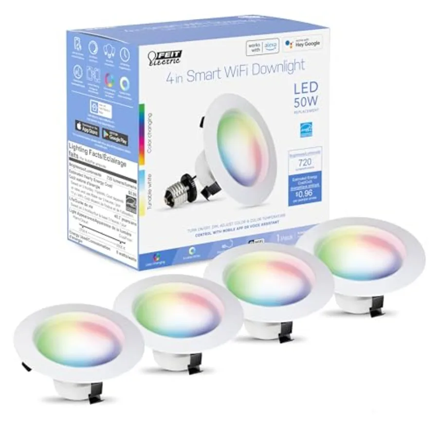 4 Inch Smart Recessed Lights, Color Changing and Tunable White, 2.4GHz WiFi LED Downlight E26 Base, Dimmable, 4 Pack, LEDR4/RGB