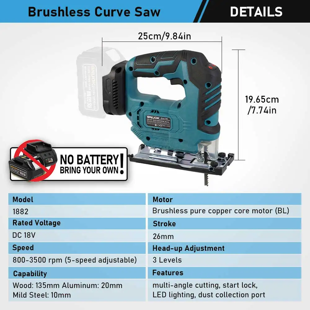 SNUOK-máquina desnuda, sierra curva sin escobillas, herramienta eléctrica, abrazadera inalámbrica de mano, mango de barril, rompecabezas para batería de litio Makita de 18V