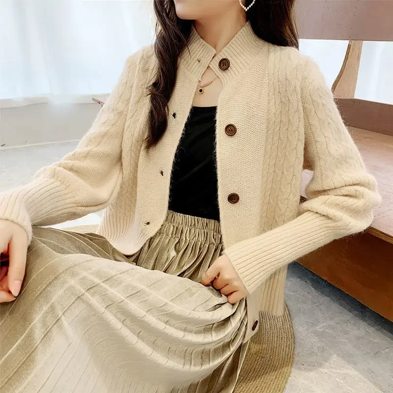 Autumn Winter Women\'s Cardigan Solid Long Sleeve Screw Thread Button Knitted Slim Fashion Stand Collar Sweater Coat for Female