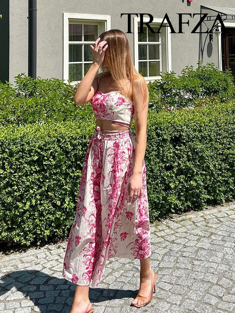 TRAFZA Summer Suits For Women\'s 2023 Pink Print Sleeveless Backless Crop Top+Printed Drawstring A-Line Skirt Female Bohemian Set