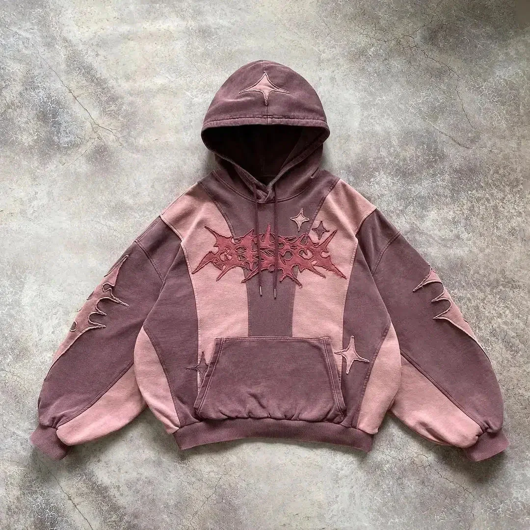 2000s Fashion Color Matching Creative Pattern Patchwork American Harajuku Pullover Street Rock Vitality Long Sleeve Loose Hoodie