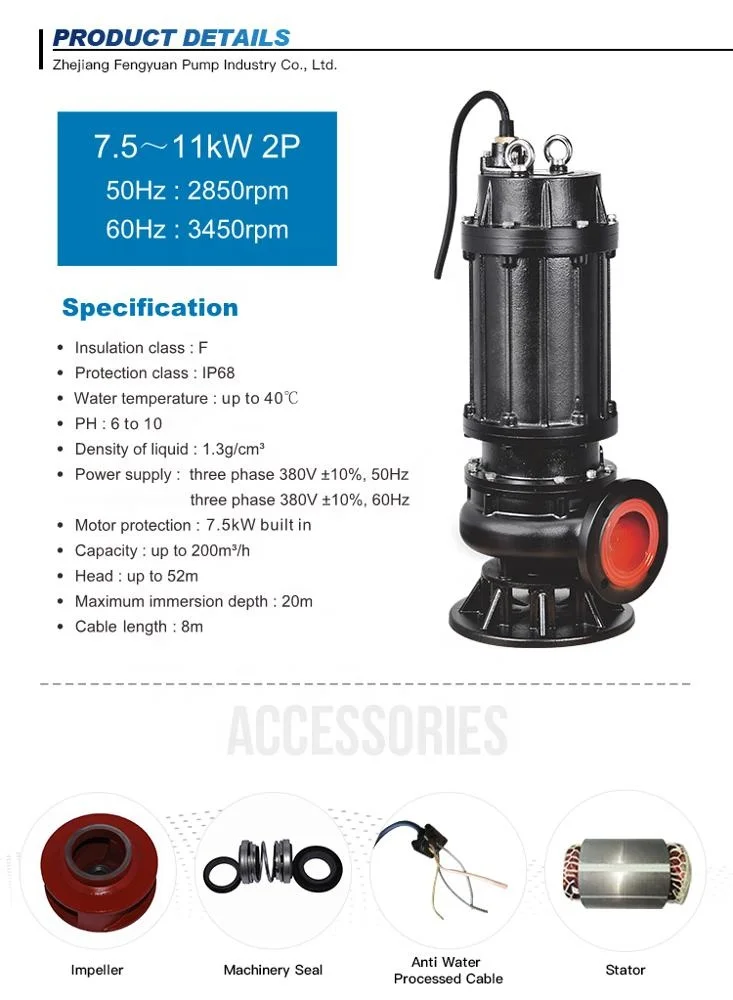 MEUDY B 7.5-11kW 2P WQ Series Cast Iron Vertical Inline Centrifugal Electric Submersible Sewage Pump for Dirty Water