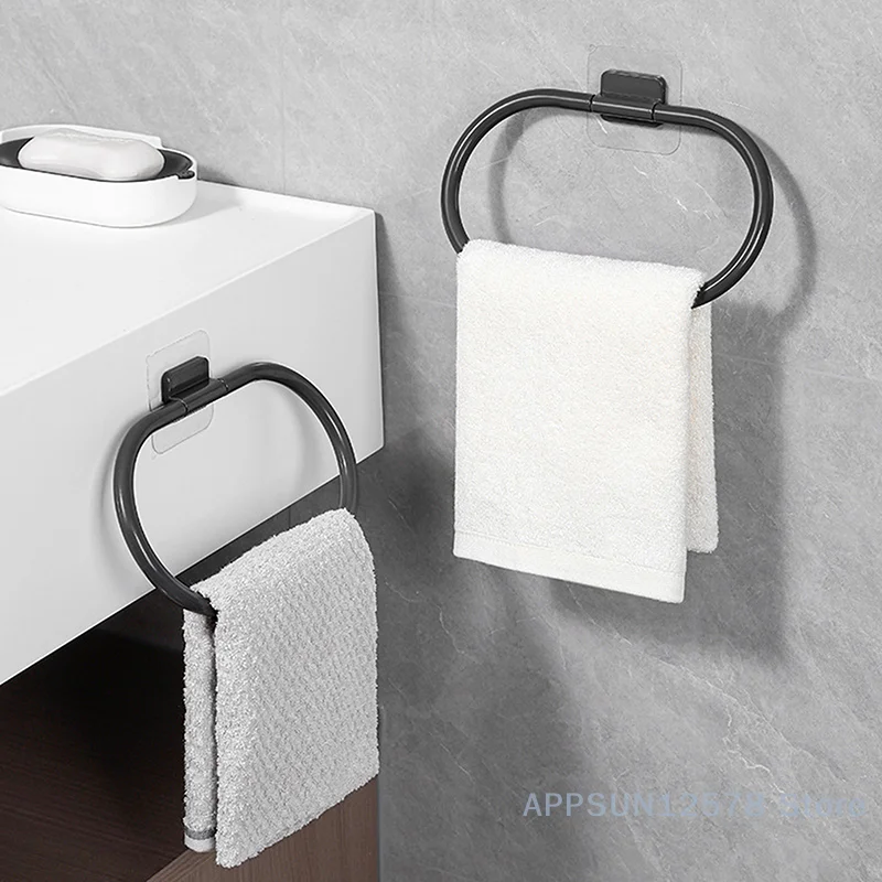 

Plastic Towel Holder Self-adhesive Bathroom Towels Rack Black Washhand Hanger Ring Rail Bar Kitchen Storage Accessories