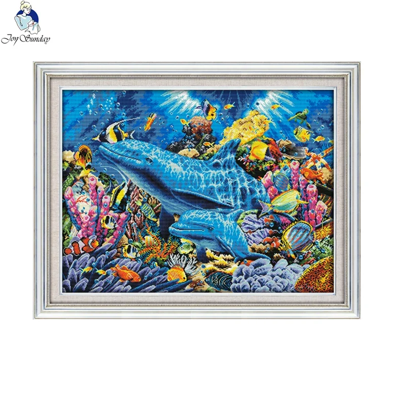 Joy Sunday Dolphin in the Sea D952 Large living Room Decoration Grid Embroidery Needlework DIY Hand Cross stitch 11CT 14CT