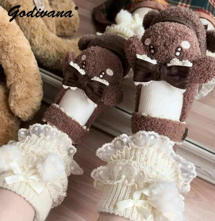 Autumn Winter Lolita Women Teddy Plush Mary Jane Flat Shoes Velcro Strap Soft Sole Kawaii Warm Casual Girls Single Shoes