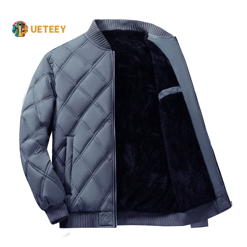 

Winter Jacket Men Baseball Collar Parkas Plus Velvet Thicken Warm Rhombus Lattice Casual Parka Bomber Jacket Male Padded Coat