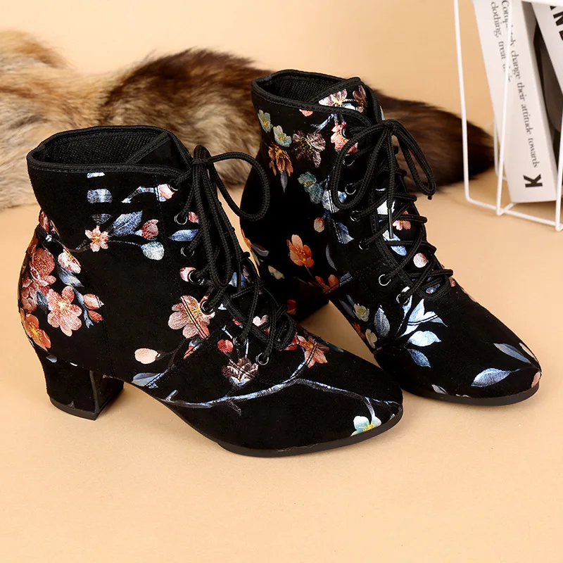 Stampa di fiori Stivali da ballo Scarpe da jazz da donna Tacchi alti morbidi di alta qualità Scarpe da ballo moderne da donna Stivali da ballo da donna