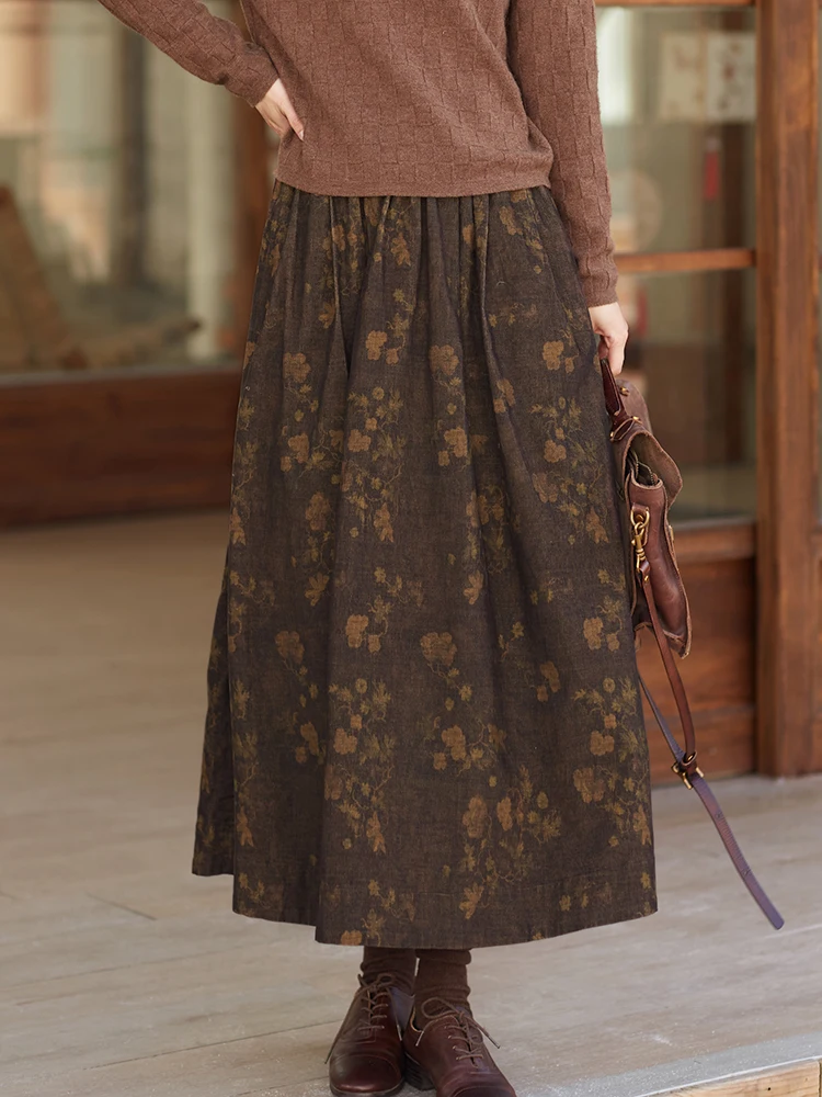 

Romantic Early Winter A388 f-length Printed Cotton Velvet Double-layered Commute Sle Midi Skirt by Wanheng