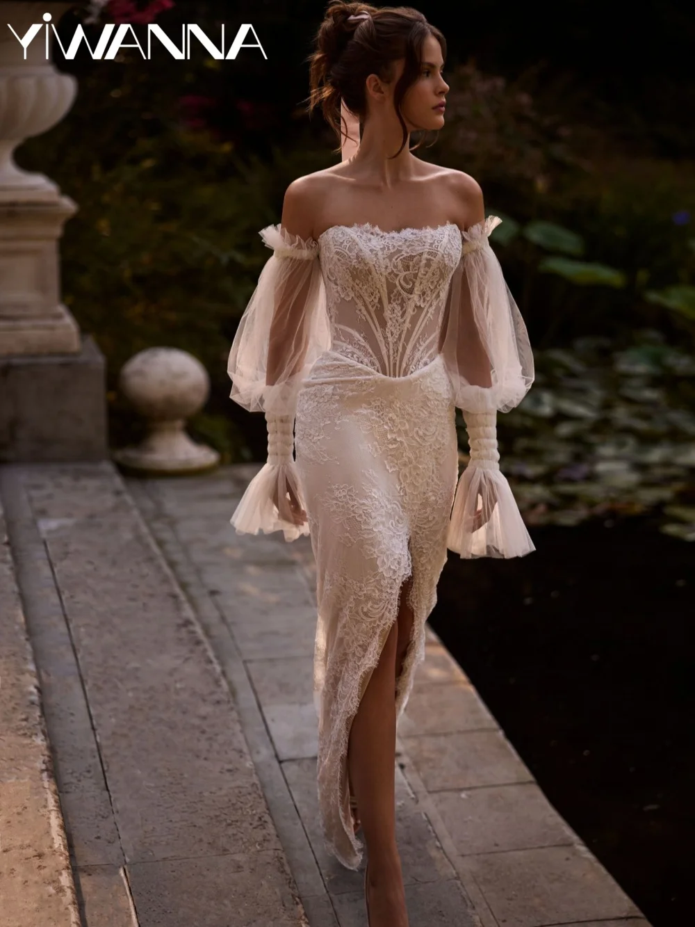 

Detachable Sleeve Lace Long Wedding Dress Sexy Strapless High Slit Bridal Gown 2026 Customized Charming Dresses For Bride