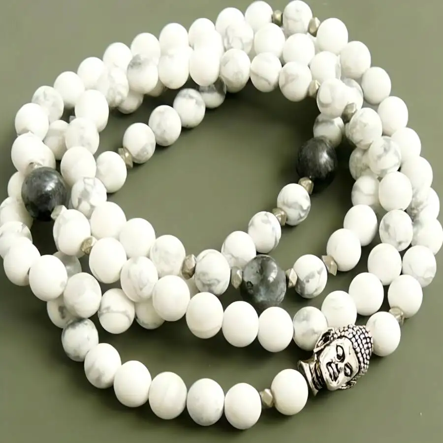 

6mm Howlite Bracelet 108 Beads Buddha Head tassel Chakra Japa Bodhi Sacred Stone Jewelry Hand Chaplet Gemstone elastic Women