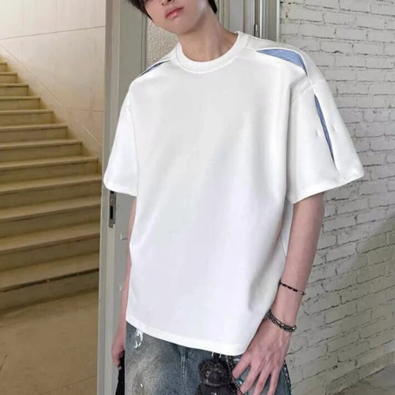 

Men's White Crew Neck Short Sleeve T Shirt With Shoulder Detail Loose Casual Streetwear Top