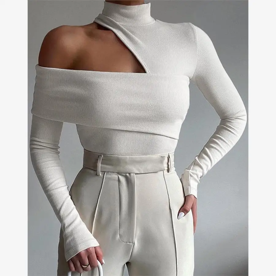 

Women's Hollow out High Ne Slim Top Long Sve Pure Color Faionable Casual Wear Polyester Material Summer 2023 Collection