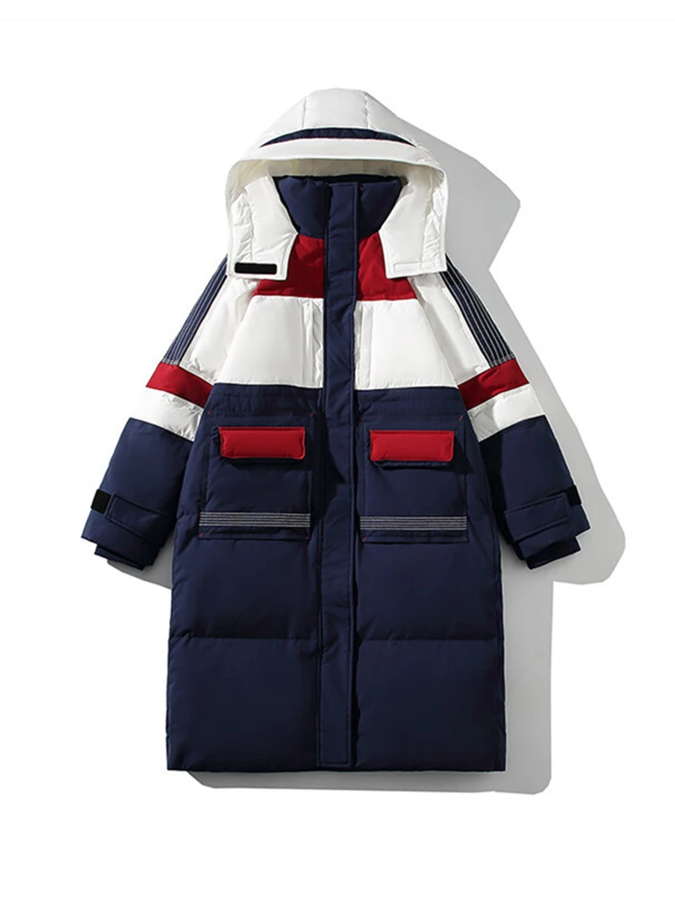 2023 New Women Over Knee White Duck Down Parka Thickened Loose Outerwear Long Contrast Color Patchwork Hooded Down Jacket