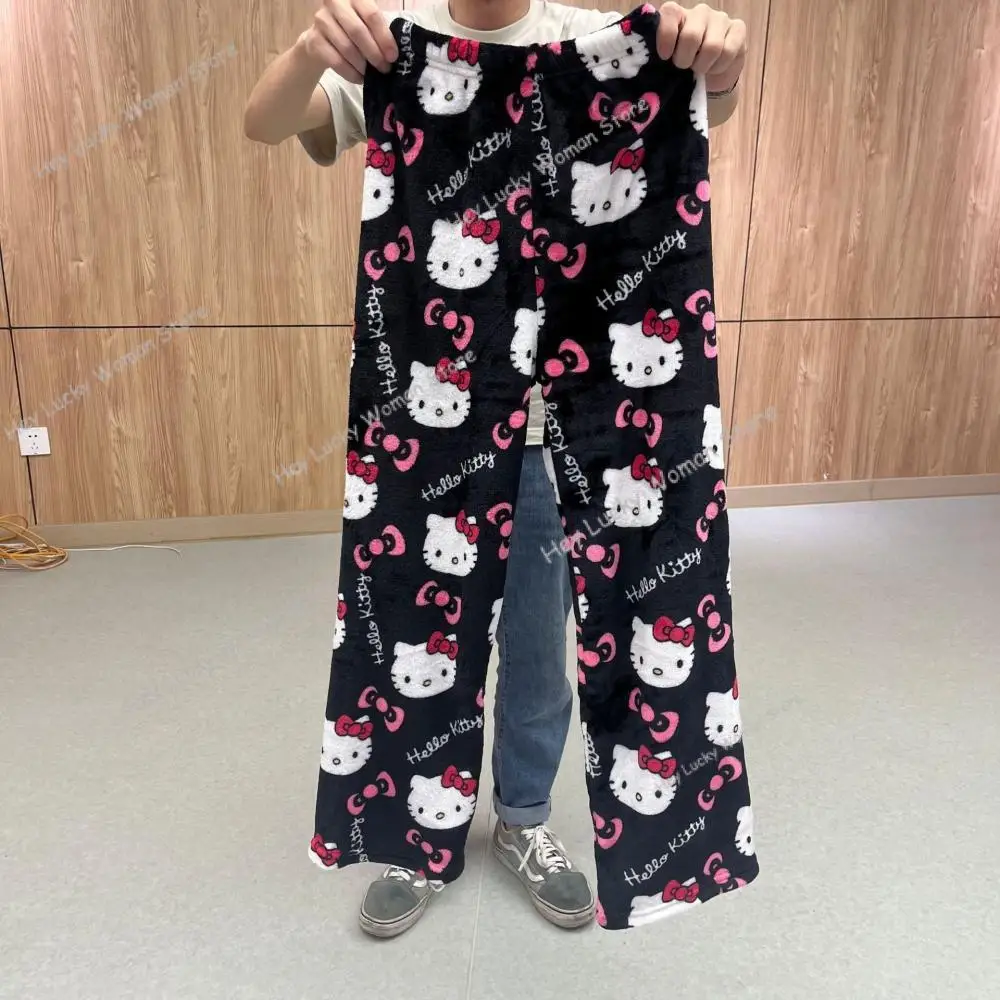 Hello Kitty Kuromi Flannel Pajamas Warm Pants Female Winter 2024 New Sanrio Fleece Casual Homewear Pants Leisure Wear Girl Gift