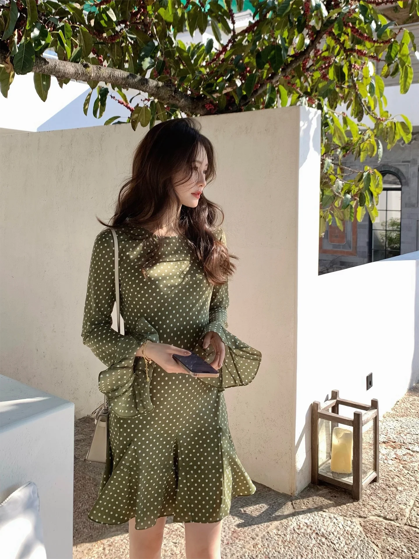 

HiMei Song Polka Dot Matcha ort Dr Women's Bell Sve Asymmetrical Hemline A-Line Dr Casual round Ne Long Sve