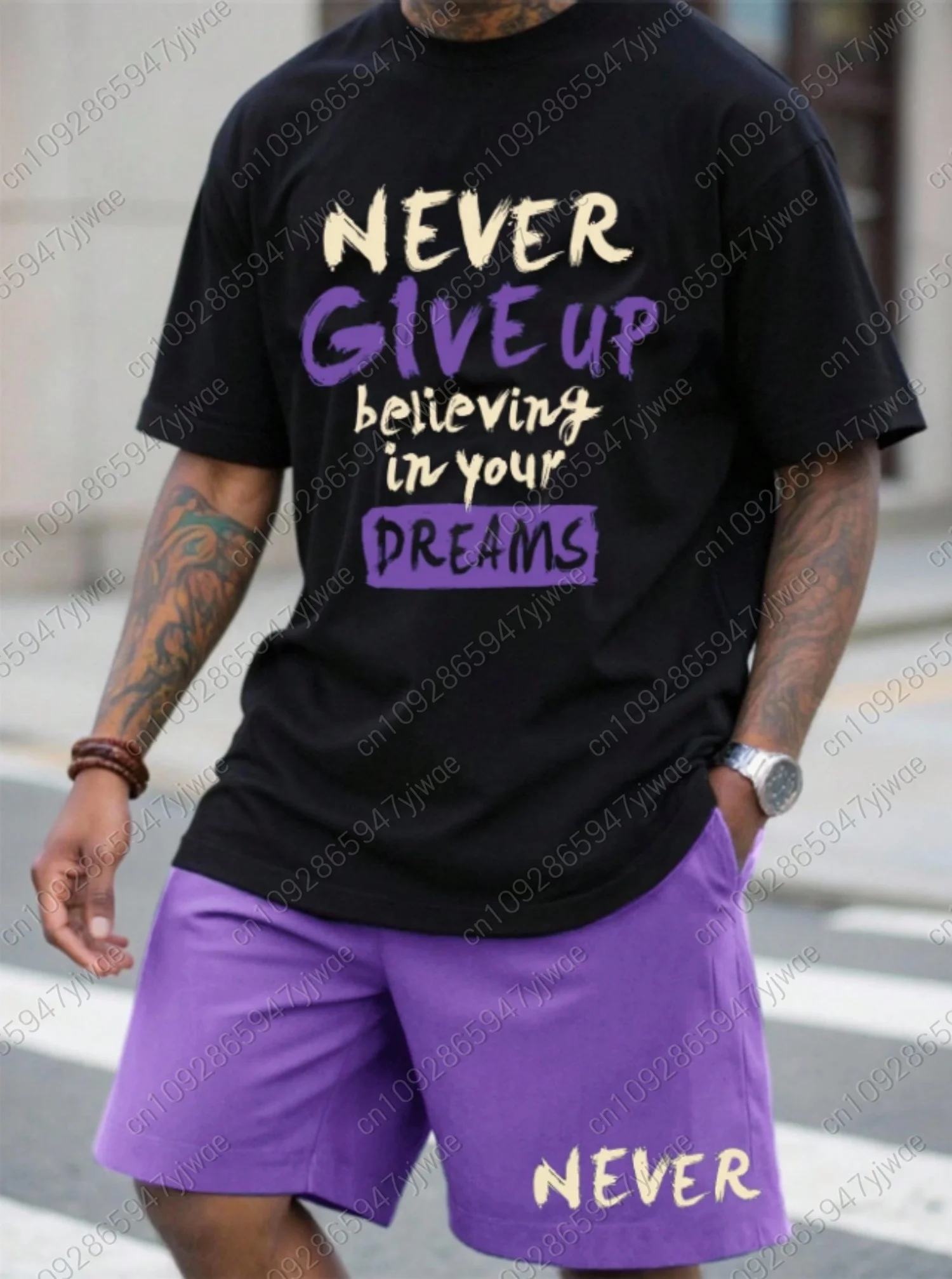 

2026 NEVER GIVE UP Print Men'S Football Short Sleeve T-Shirt Shorts Set Adult Basketball Jogging PLUS SIZE 2 Piece Set Clothes