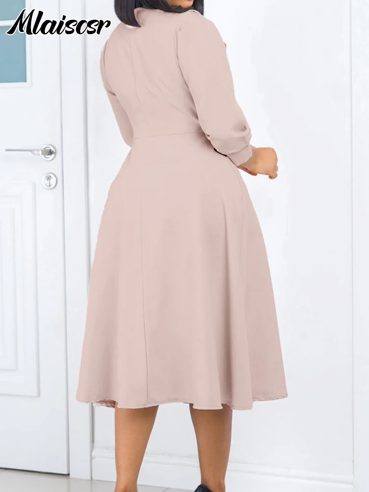 Mlaiscsr Apricot Mid Dress Spring Fall Women Fashion V-neck Pleated High Waist Pendulum Vestidos Office Work Birthday Clubwear