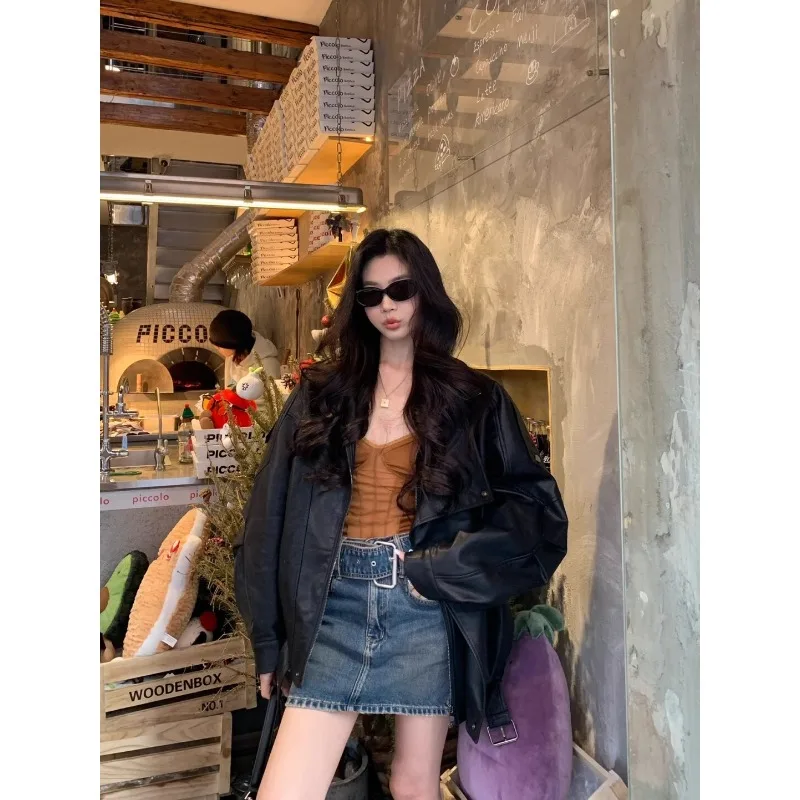 Spring Autumn Retro Lapel PU Leather Women's Jacket  Turn Down Collar Fashion Loose Solid Color Leisure New Women Top Coats
