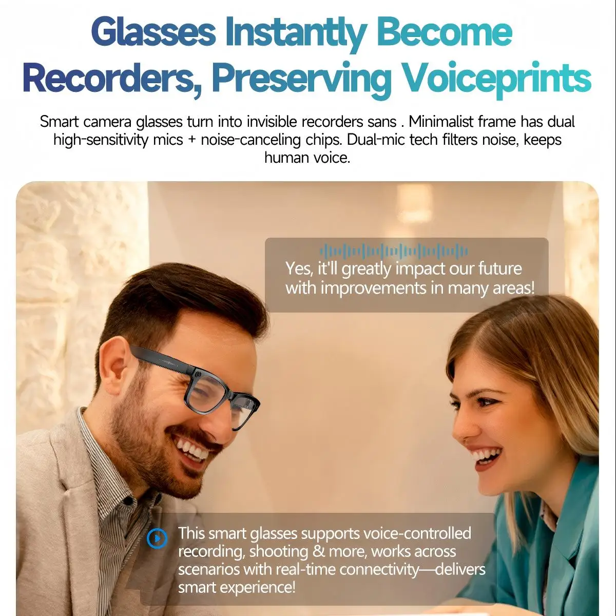 แว่นตาอัจฉริยะกล้อง 8MP พร้อมบันทึกวิดีโอความละเอียด 1080P HD, ความละเอียด 4K, ดีไซน์โลหะแบบกึ่งไร้กรอบ, เลนส์ปรับแสงอัตโนมัติ