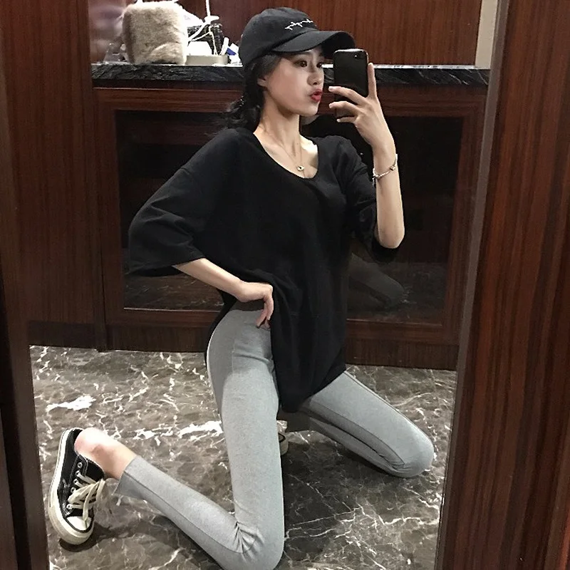 Short Sleeve Women's Hong Kong Style Simple Student Asymmetrical T-shirt Trendy Loose Slit Top Comfortable Polyester Material