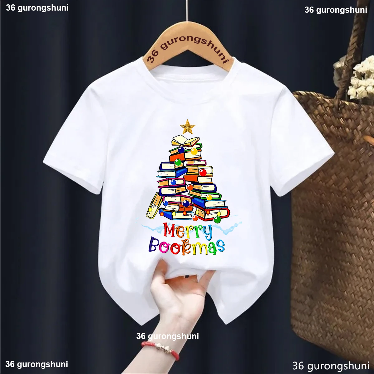 Watercolor Merry Bookmas Graphic Printed Tshirt Girls/Boys Christmas Gift Kids Clothes White/Pink/Blue/Yellow T-Shirt Tops