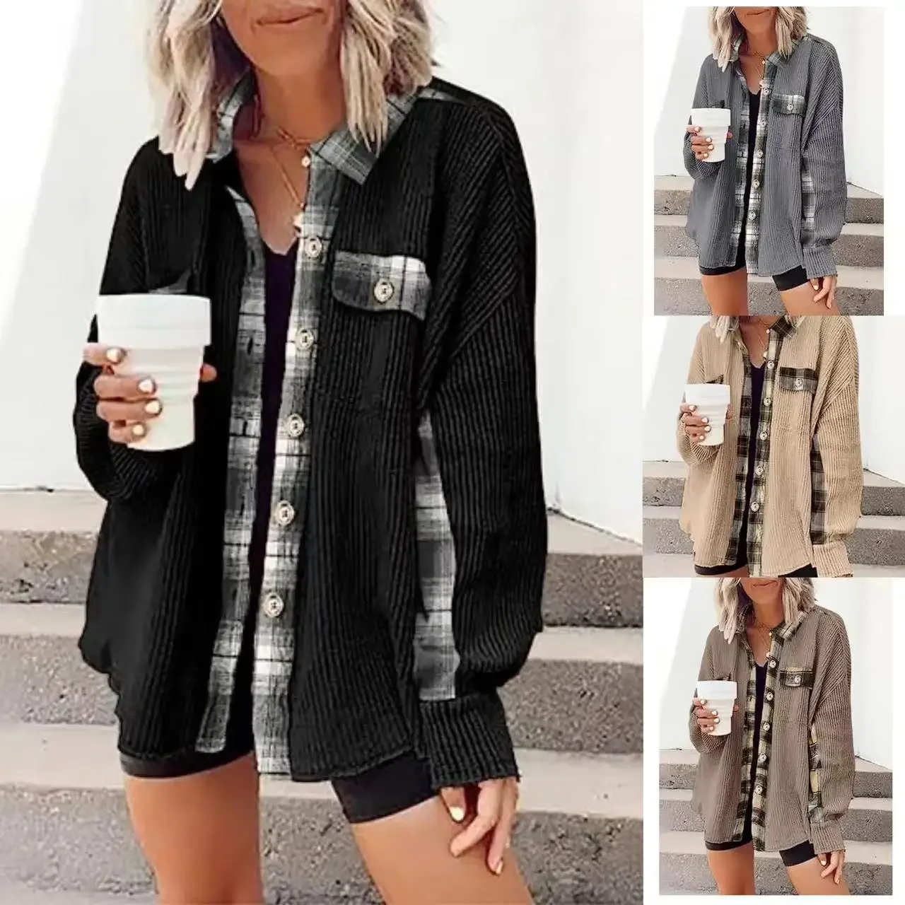 

Womens Waffle Knit Plaid Shacket Boyfriend Button Down Shirt Jacket Loose Long Sleeve Tops