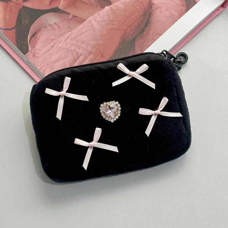 Pink Bowknot Heart Rhinestone Coin Purse Grils Cute Round Card Holder Portable Zipper Cash Wallet Earphone Key Storage Pouch