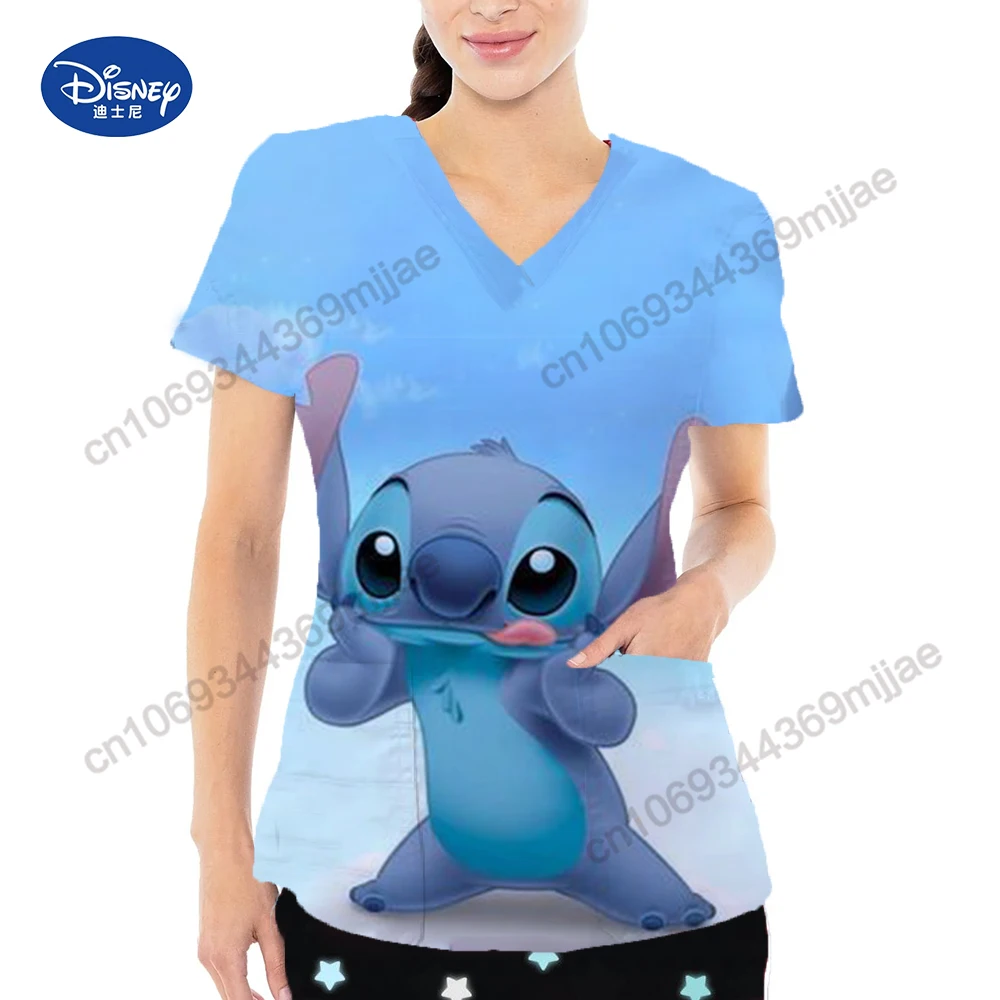 

New Short Sleeves Casual Clothes for Women Large Pocket V-neck Design Female Tops Cartoon Pattern Women's T-shirts Free Shipping