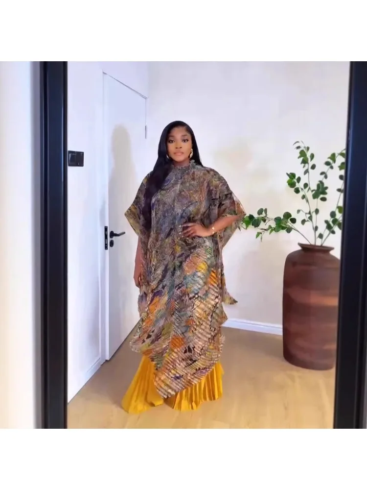 

New African Plus Size Cover Up Dress Set for Women with Fashionable Design, Pleated Printed Skirt Two-piece Set, Vacation Style