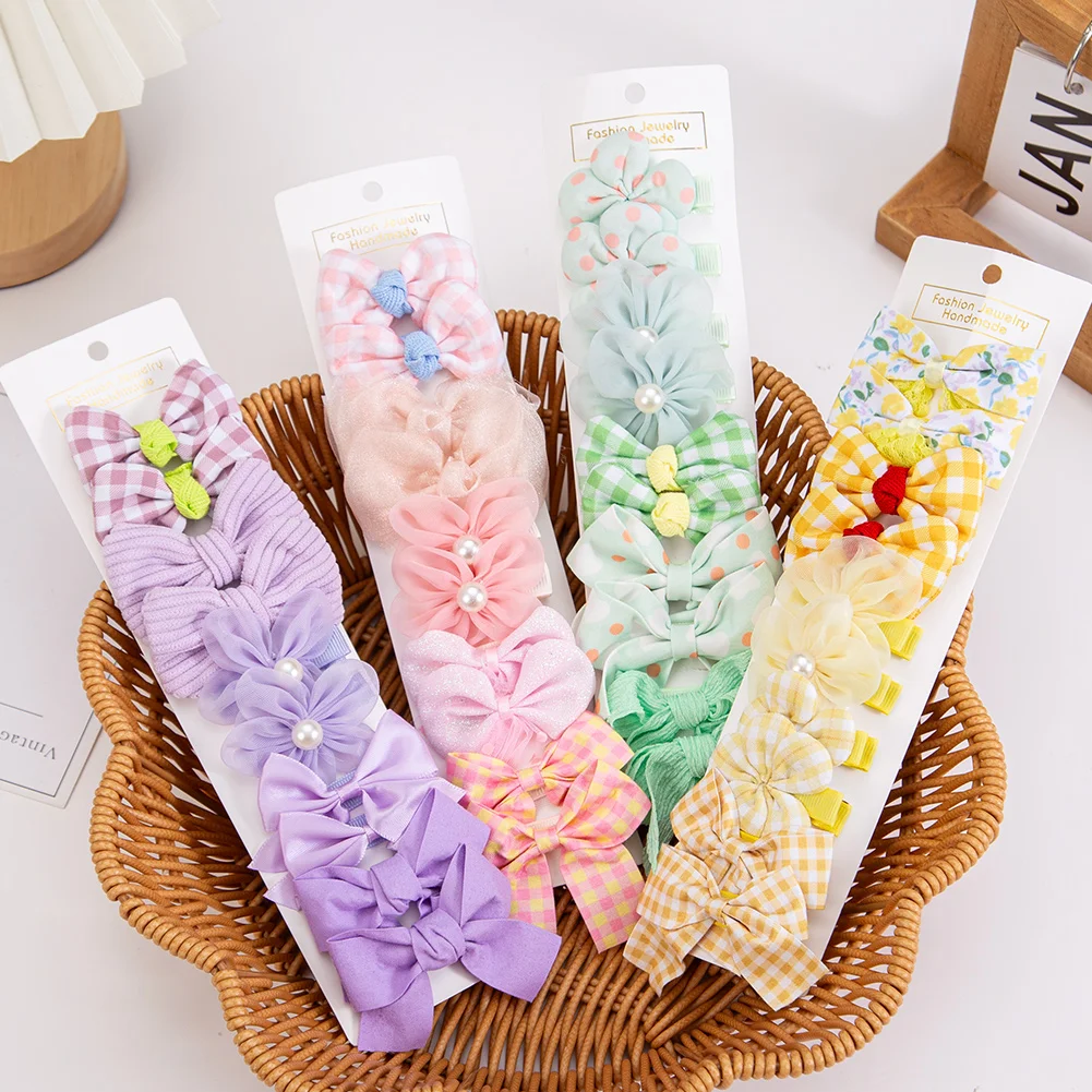 

10Pcs/Set Korean Pricess Girls Baby Hair Bows Clips Flower Plaid Lace Cloth Covered Safety Hairpins Kids Sweet BB Barrettes
