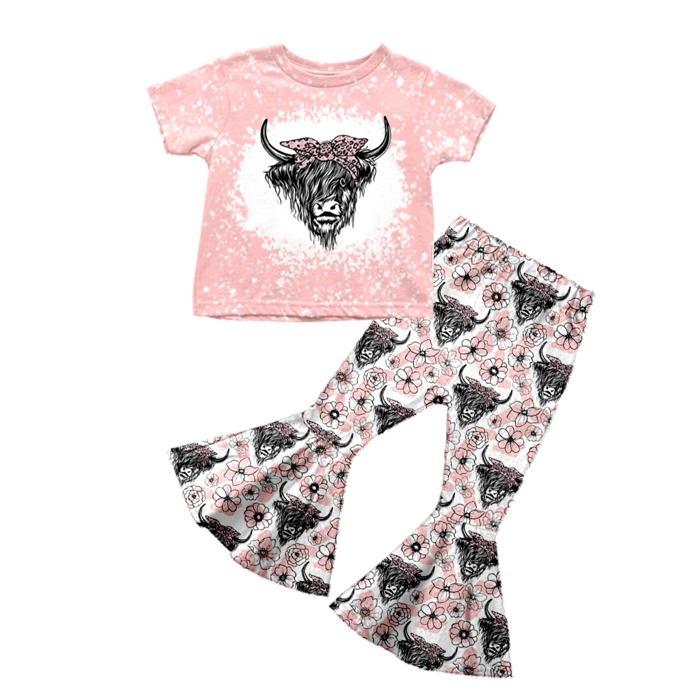 Boutique Outfits Girls Clothes Short Sleeves Kids Clothing Bull Head  Western Cows Bell Bottom Pants Sets