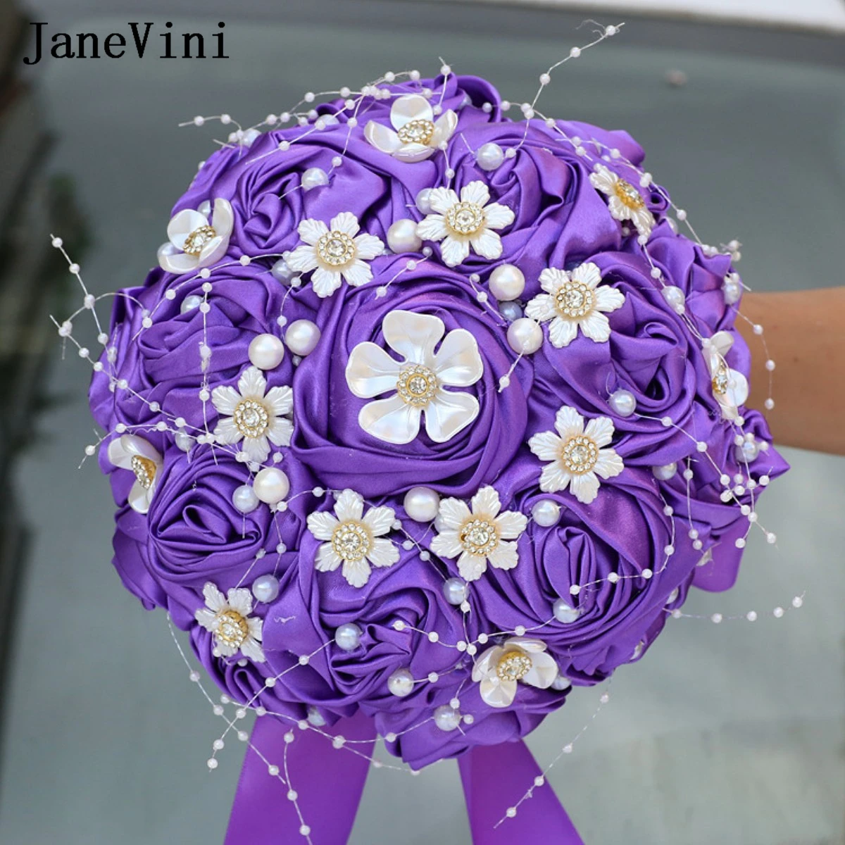 

JaneVini New Purple Ribbon Wedding Bouquet for Bride Holding Bridesmaid Hand Flowers Pearls Rhinestone Bridal Bouquets Marriage