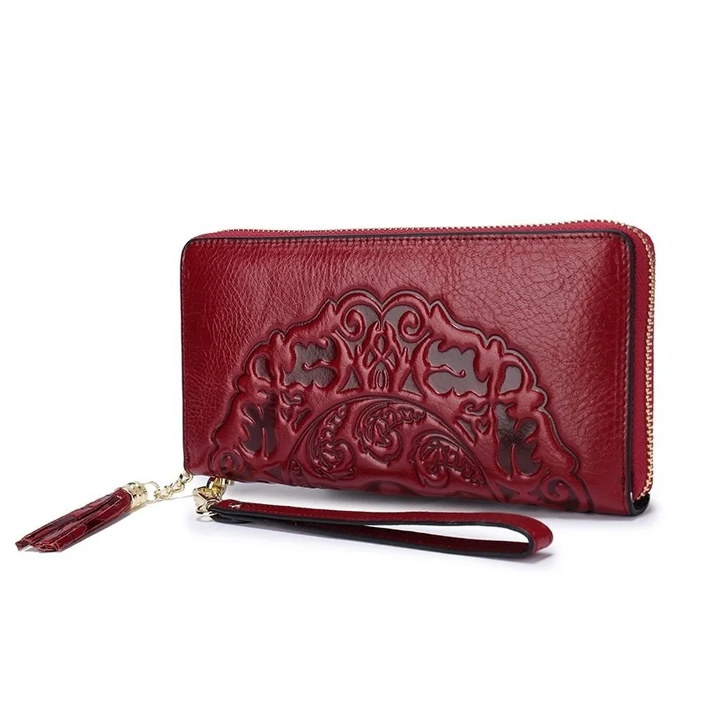 100% Genuine Leather Wallet Women 2023 New Large Capacity  Luxurious Oil Waxing Leather Flower Large Capacity Long Ladies Purses