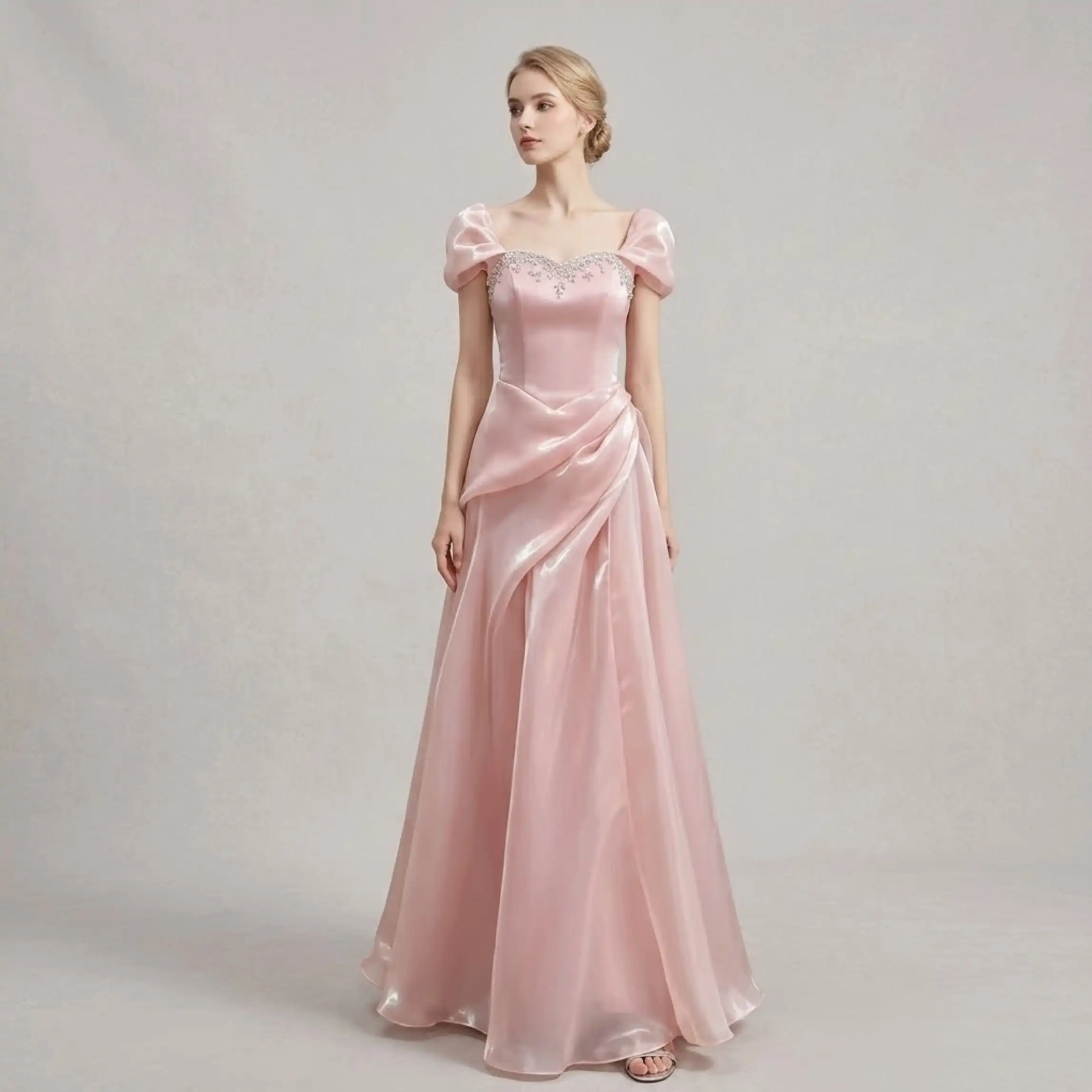 Customized Blush Pink Satin Evening Dress Off Shoulder Puff Sleeve A Line Corset Rhinestone Maxi Dress Elegant Formal Prom Gowns