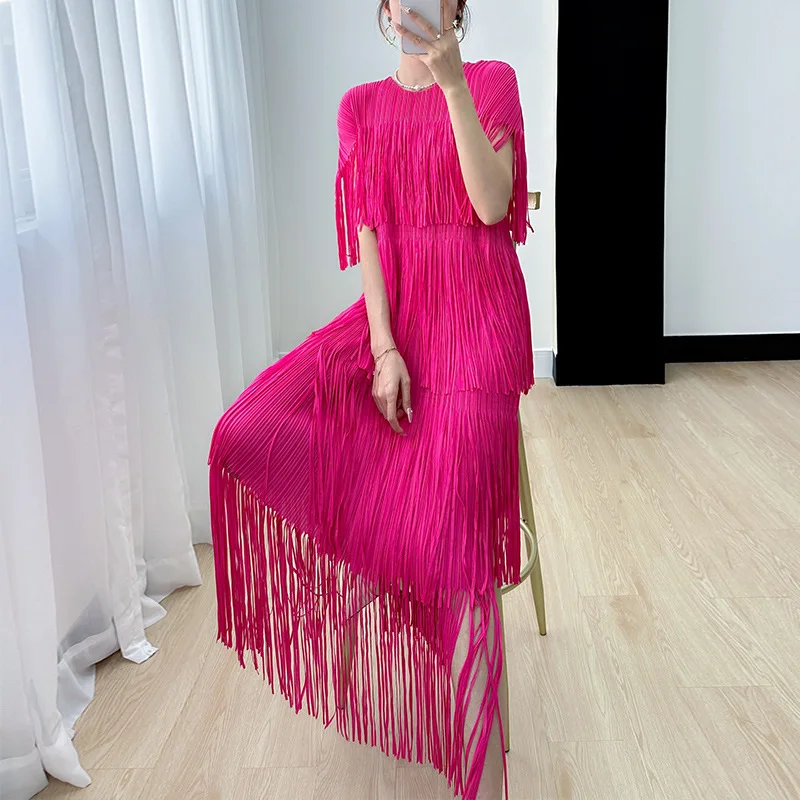 Miyake Fold High-end Design Sense Temperament Fashion Tassel Solid Color Short-Sleeved Dress 2023 Summer Dresses Women Clothing