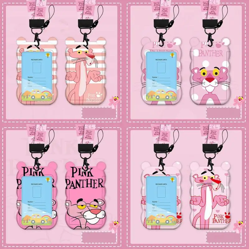 New Pink Panther Anime Peripheral Kawaika Set Pink Panther Bus and Subway Access Control Card Set Hanging Rope Hanging Neck