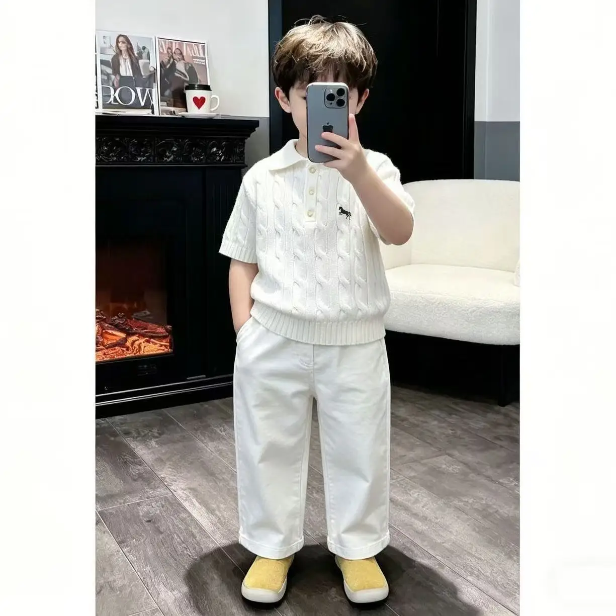 

Boys Suit Children's Summer New Style Embroidery Fried Dough Twists Knitted Short Sleeve POLO Shirt Straight Pants Two Piece Set