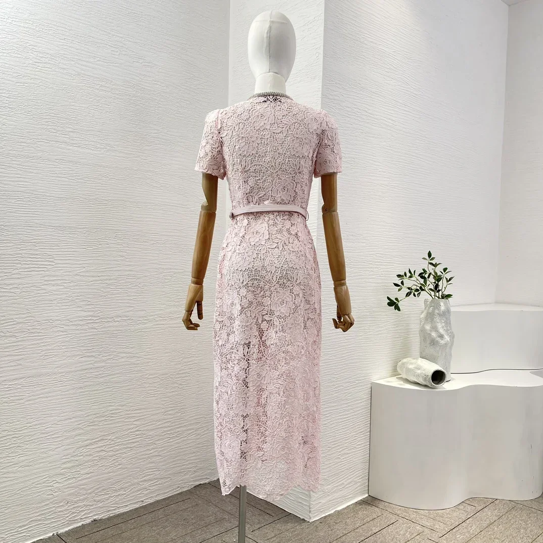 2024 Pink Sweet Elegant Party Colllection Diamonds Bow Short Sleeve Midi Dress Hook Flower Hollow Belted for Women