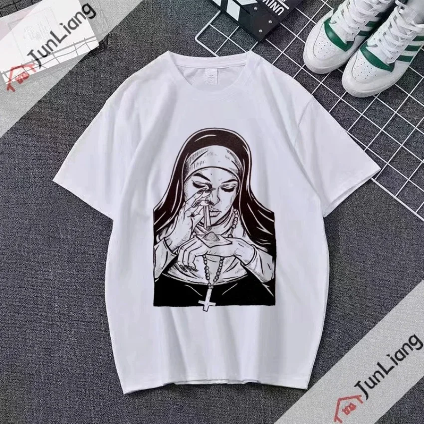 YZLDS T Shirt for Man Satanic Nun Tattoos Unholy Y2k Style Graphic T-shirt Nun Satan Vintage Luxury Summer Men's Clothing