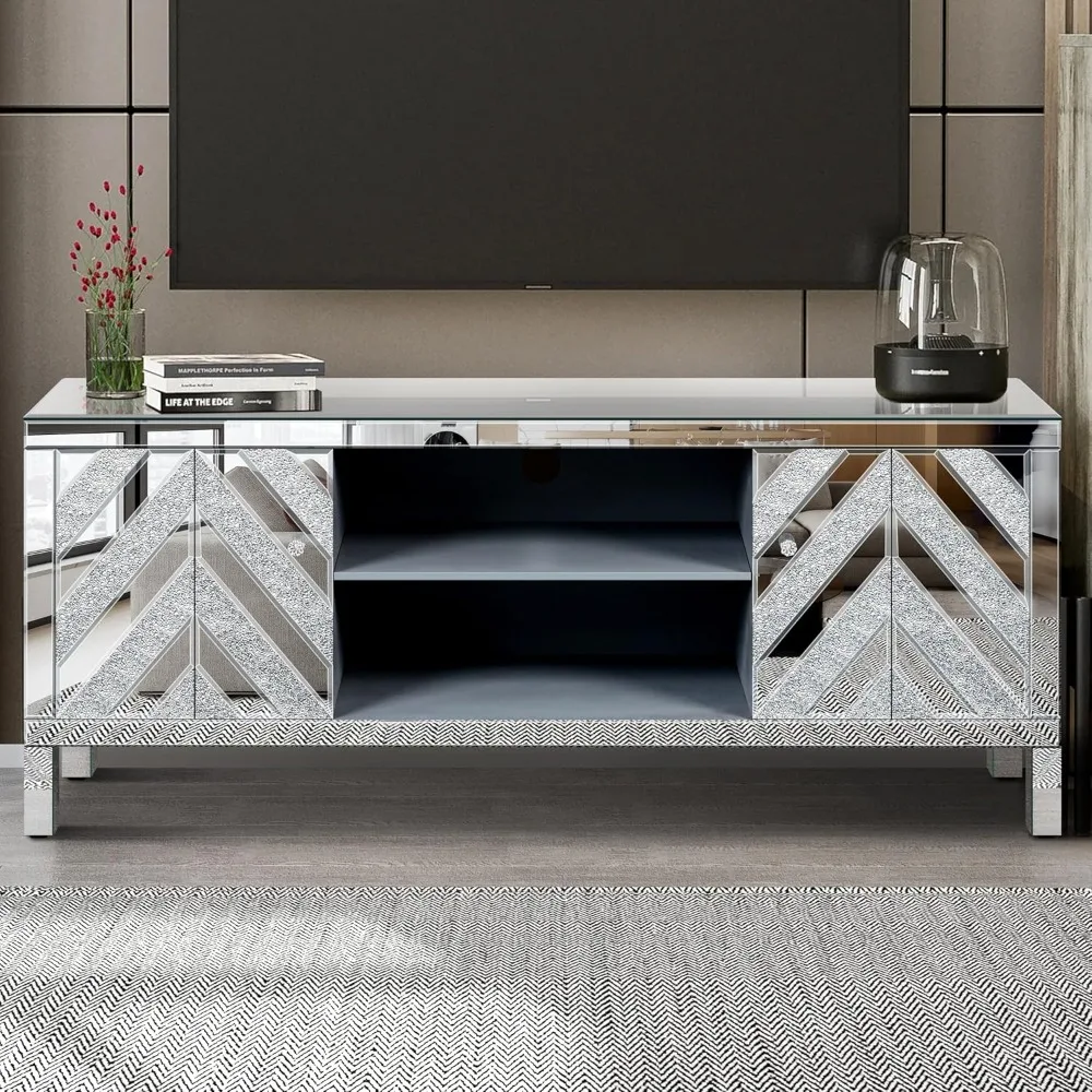 Mirrored TV Stand, M Shaped Sparkling TV Stand with Mirrored Doors, TV Cabinet with Open Shelves and 2 Storage Cabinets