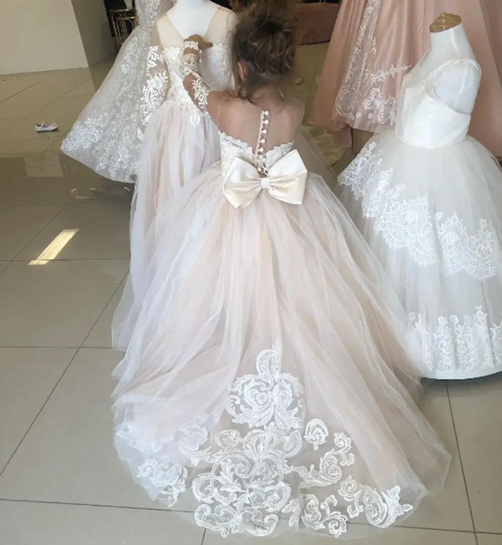 Vestidos florais de manga comprida para convidados de casamento, dama de honra infantil com laço branco marfim renda tule primeira comunhão