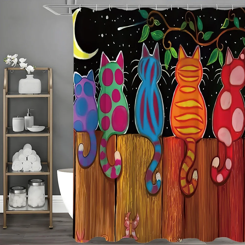

Cartoon Cute Cat Moon Shower Curtain, Bathroom Decorative Shower Curtain, Waterproof Shower Curtain with Hooks