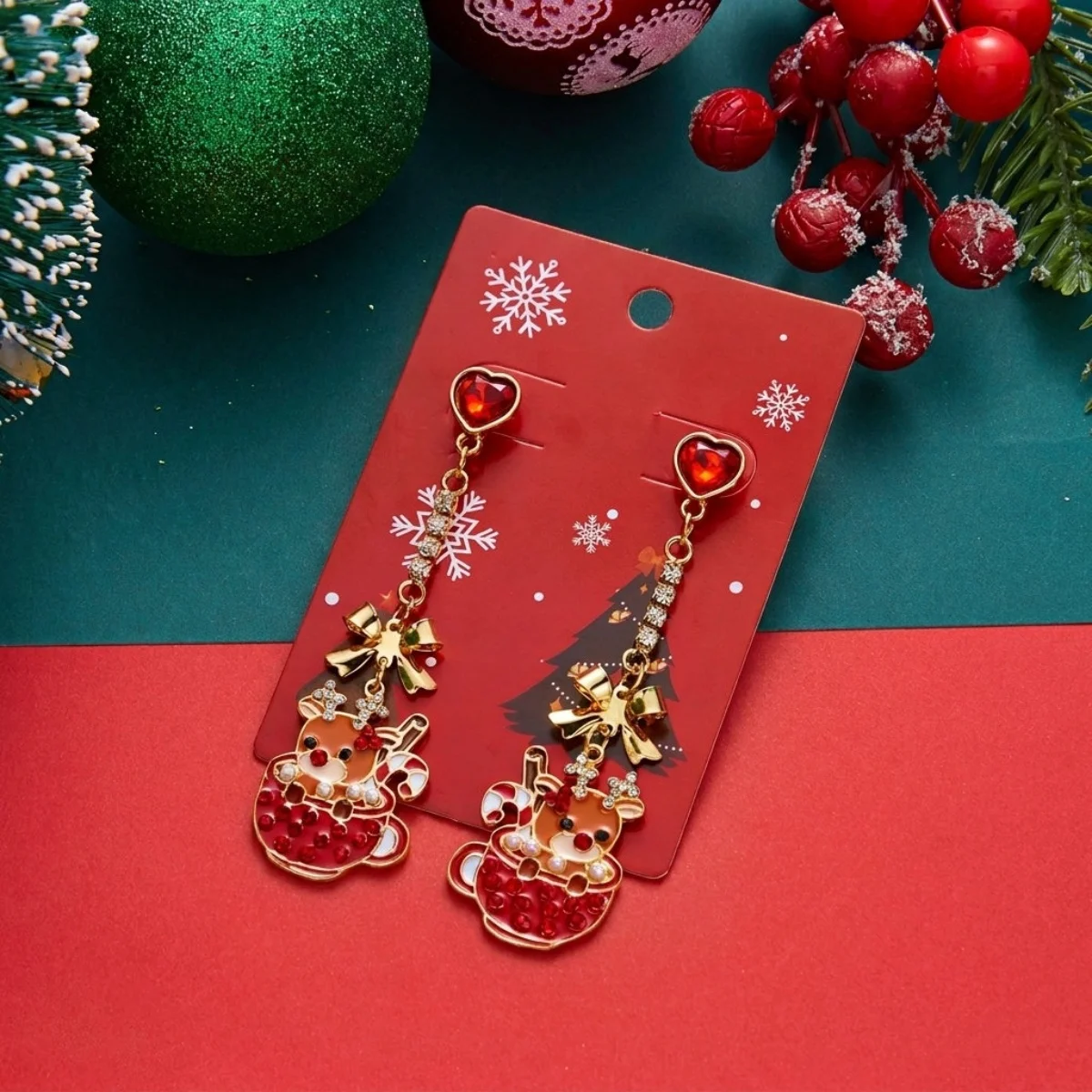 Weihnachtliche Emaille-Ohrringe mit Rentier-Motiv, Schleifen- und Quasten-Design für Damen, Weihnachtsmann-Schlitten, Süßigkeitenhaus, Geschenk-Schmuck – Detail 12