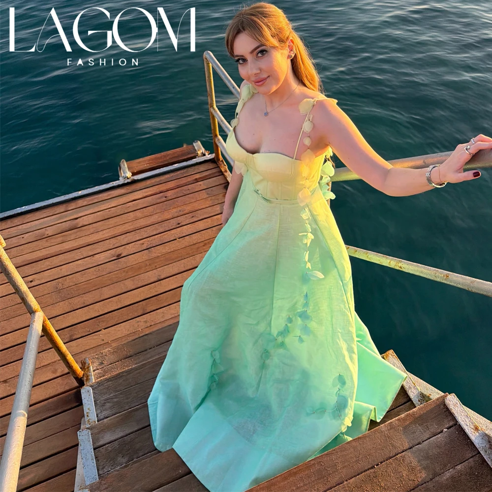 Lagom Exquisite Sweetheart A‑Line Evening Dress Mint Green Gradient 3D Flower Appliqué Spaghetti Strap New شارون سعيد Customized
