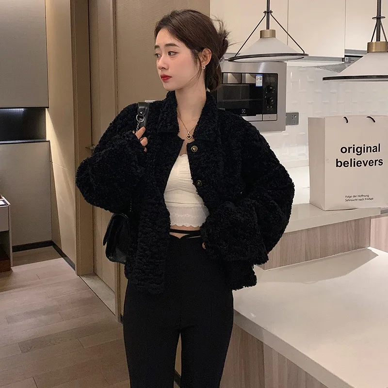 A New Fashionable Lambskin Jacket for Autumn Winter A Solid Color Short Thickened and Elegant Women's Top. Eco-friendly Fur Coat