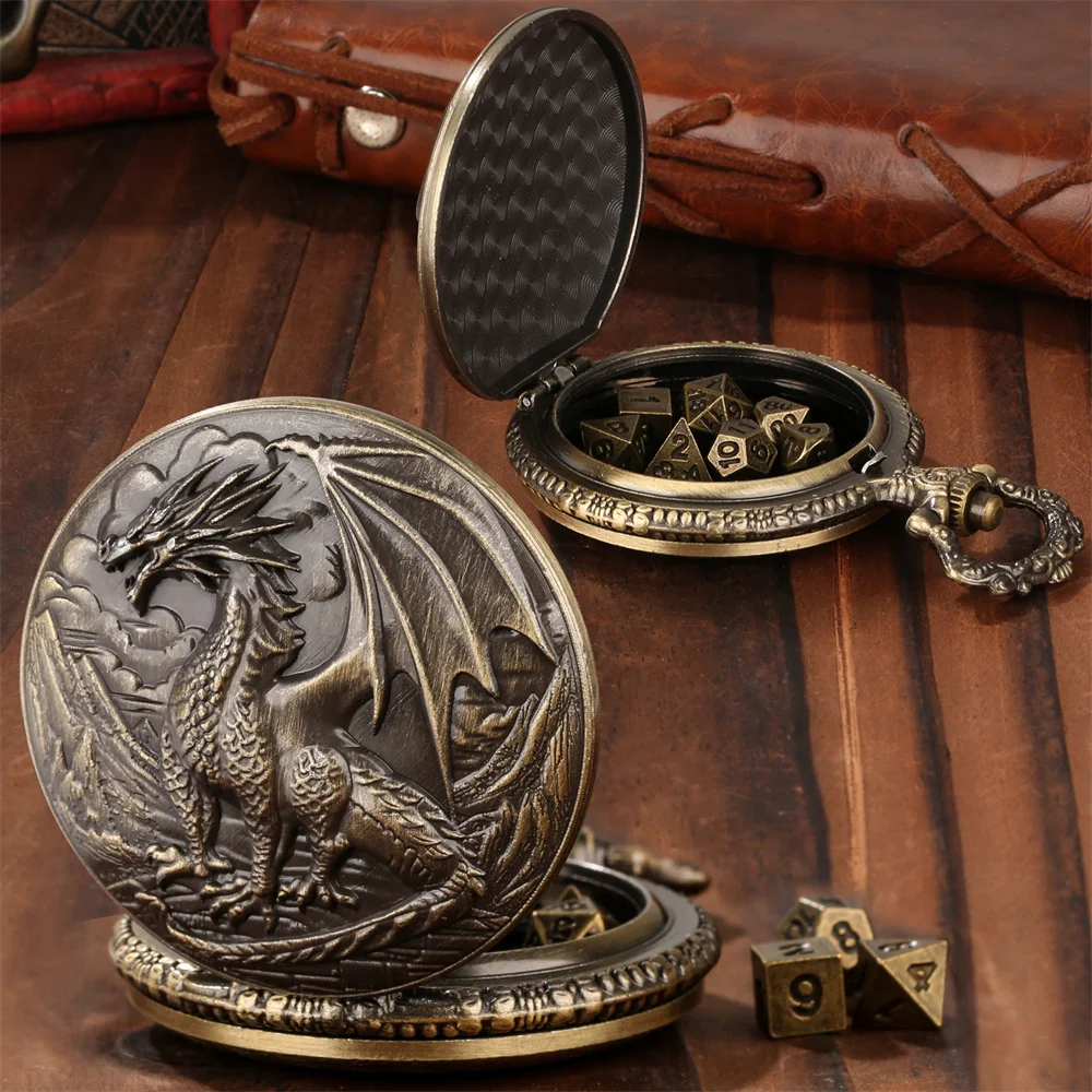 Vintage Metal Dragon Pocket Watch Case Dice Sets Retro Gift for Game Dices Lovers Fob Chain Pendant Pocket Clock Case Mini Dices